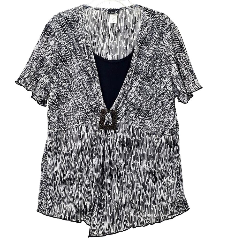 Ashley Hill Short Sleeve Top 3X Flowy‎ Black White Pullover Blouse Office Casual